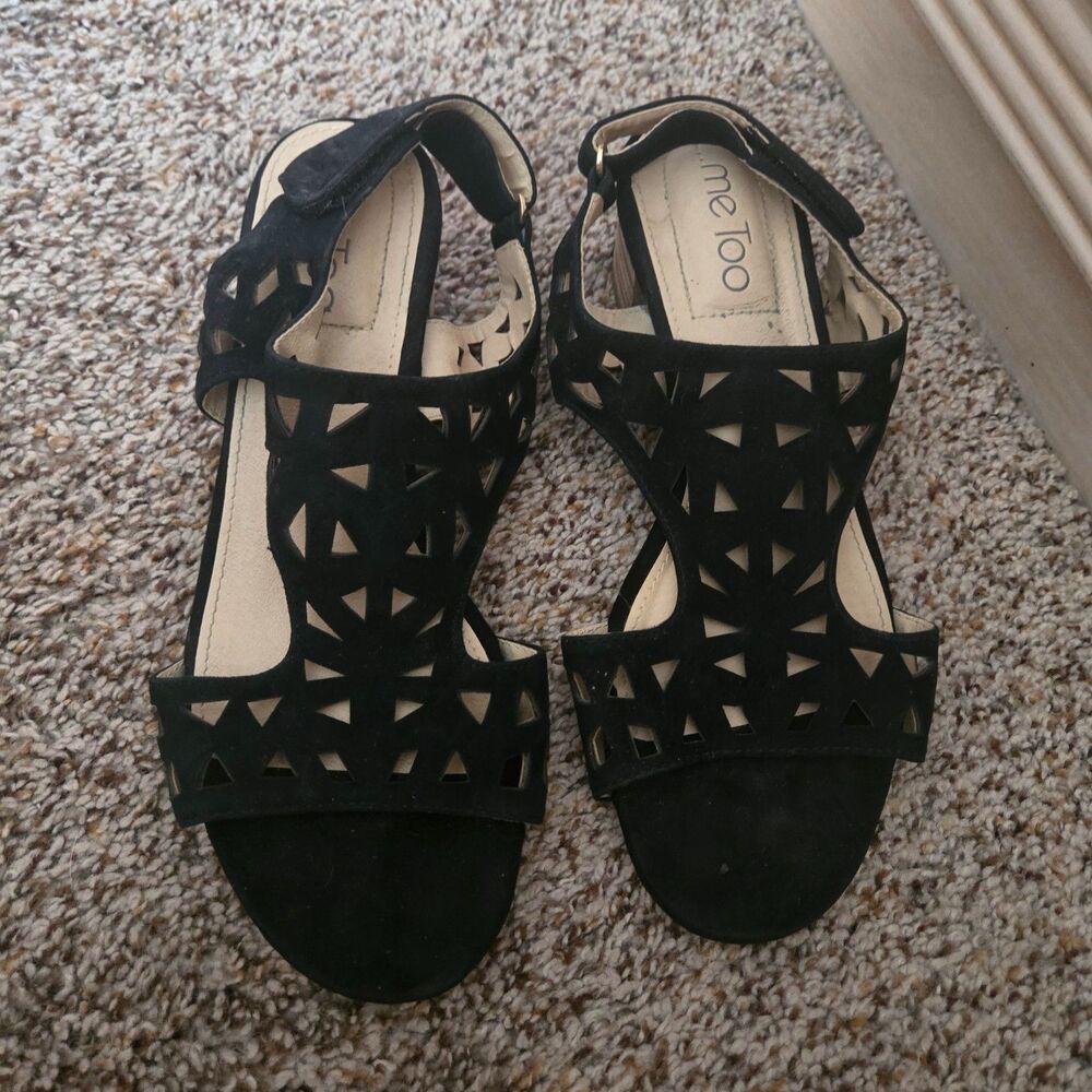 Me Too Womens Sandals 7.5 Madelyn Black Laser Cut Leather Block Heel Hook & Loop